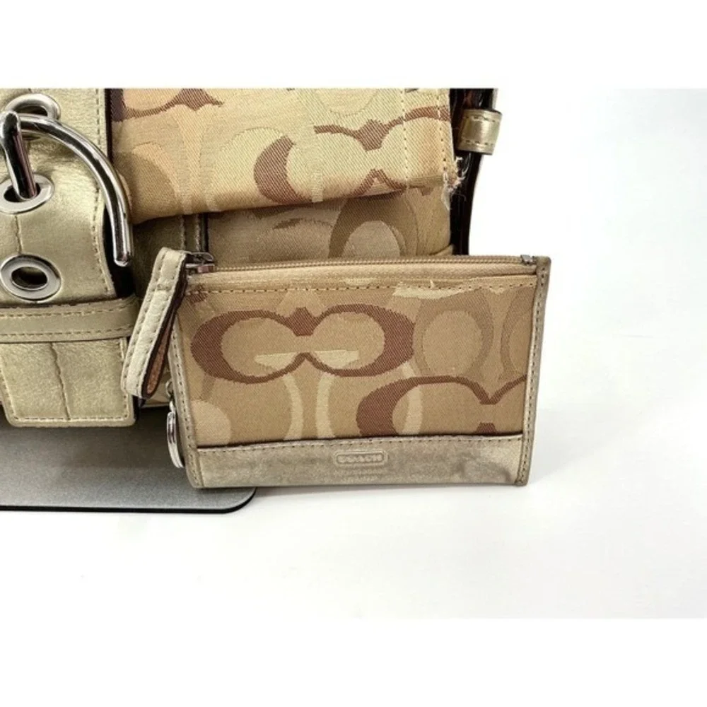 Coach Khaki Gold Signature Baguette Shoulder Bag &‎ Matching Wallet Set - Picture 5 of 13